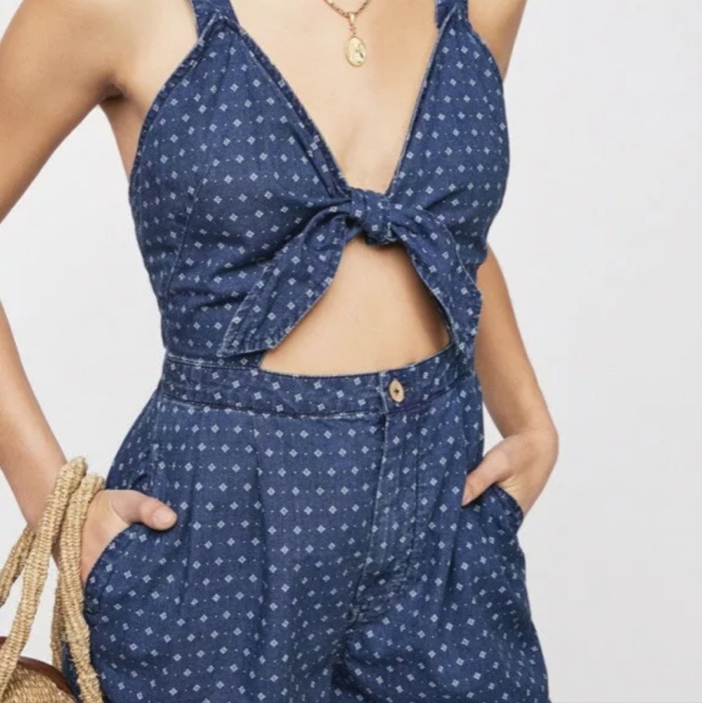Free People Blue Patterned Jumpsuit